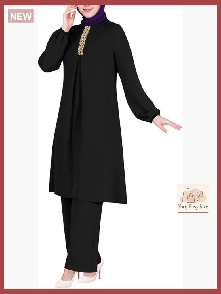 Long Sleeve Zipper Abaya Set With Wide Leg Pants Elegant Loose Fit Muslim